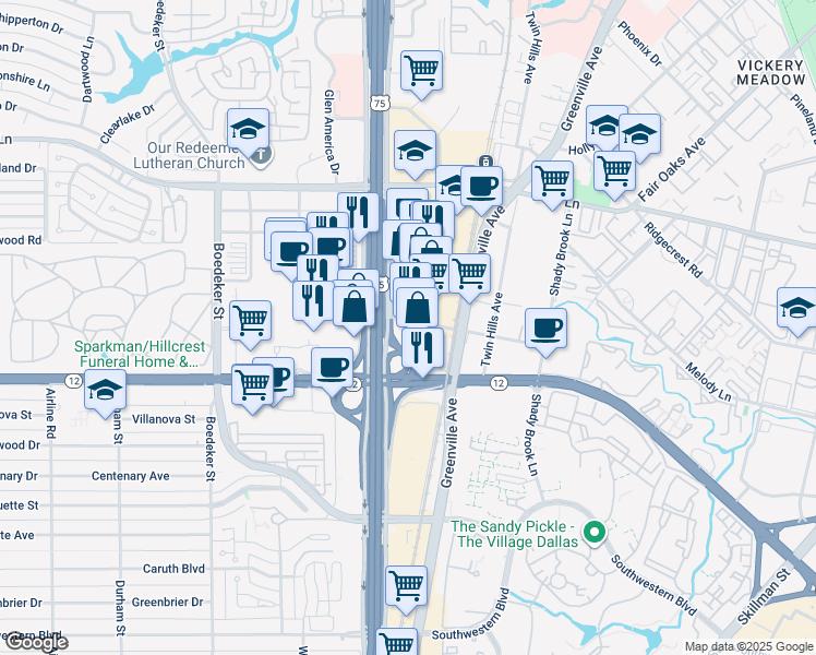 map of restaurants, bars, coffee shops, grocery stores, and more near 8750 North Central Expressway in Dallas