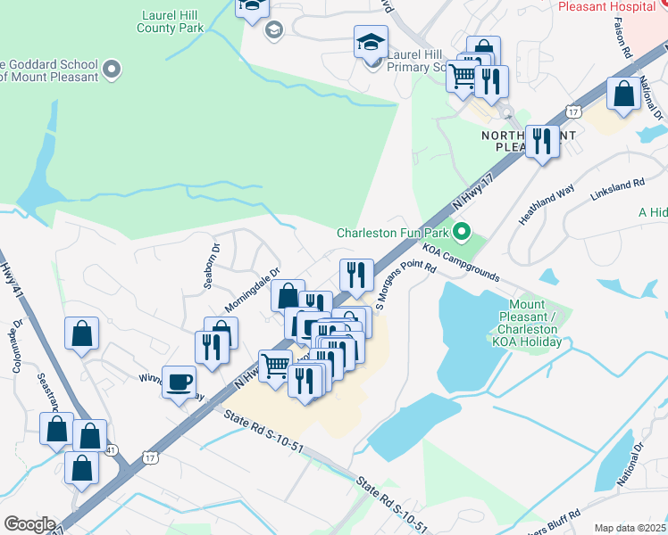 map of restaurants, bars, coffee shops, grocery stores, and more near 3110 U.S. 17 in Mount Pleasant