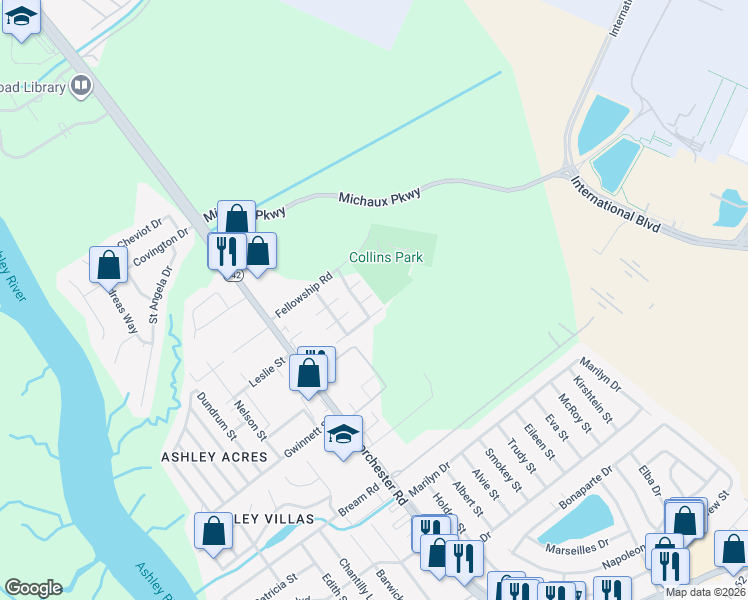 map of restaurants, bars, coffee shops, grocery stores, and more near 4197 Big Ben Court in North Charleston