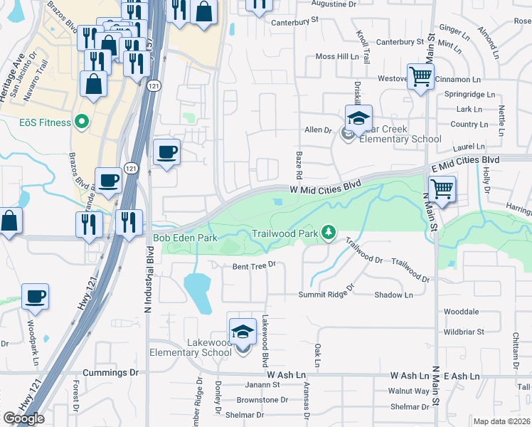 map of restaurants, bars, coffee shops, grocery stores, and more near Bob Eden Park in Euless