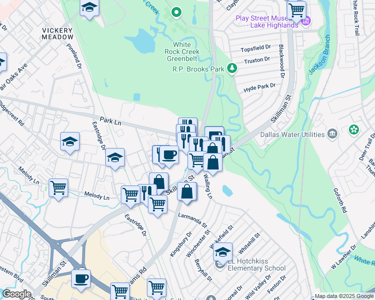 map of restaurants, bars, coffee shops, grocery stores, and more near 8952 Park Lane in Dallas