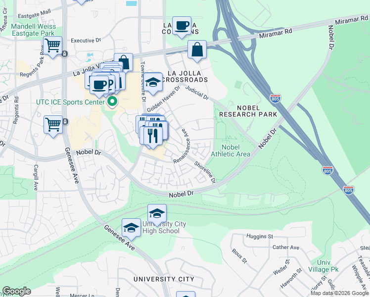 map of restaurants, bars, coffee shops, grocery stores, and more near 5310 Renaissance Avenue in San Diego