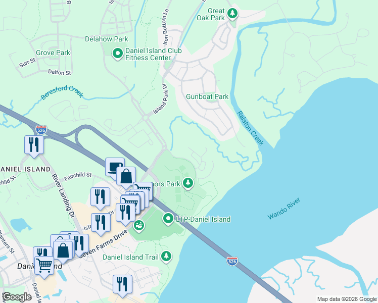 map of restaurants, bars, coffee shops, grocery stores, and more near 147 Seven Farms Drive in Charleston