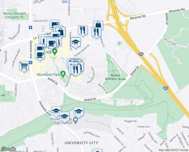 map of restaurants, bars, coffee shops, grocery stores, and more near 5323 Renaissance Avenue in San Diego