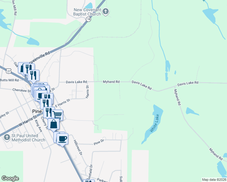 map of restaurants, bars, coffee shops, grocery stores, and more near 91 Abbie Shepherd Drive in Pine Mountain