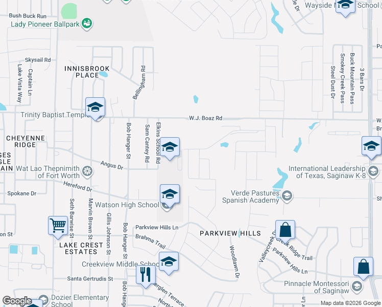 map of restaurants, bars, coffee shops, grocery stores, and more near 5581-5651 Wj Boaz Road in Fort Worth