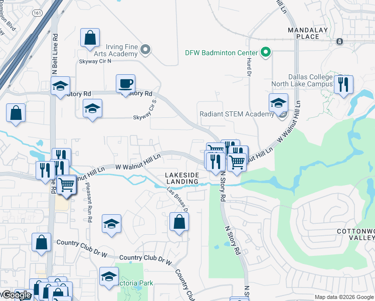 map of restaurants, bars, coffee shops, grocery stores, and more near 2613 West Walnut Hill Lane in Irving