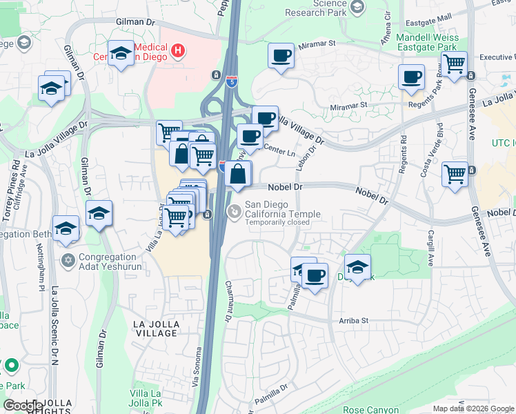 map of restaurants, bars, coffee shops, grocery stores, and more near 3707 Nobel Drive in San Diego