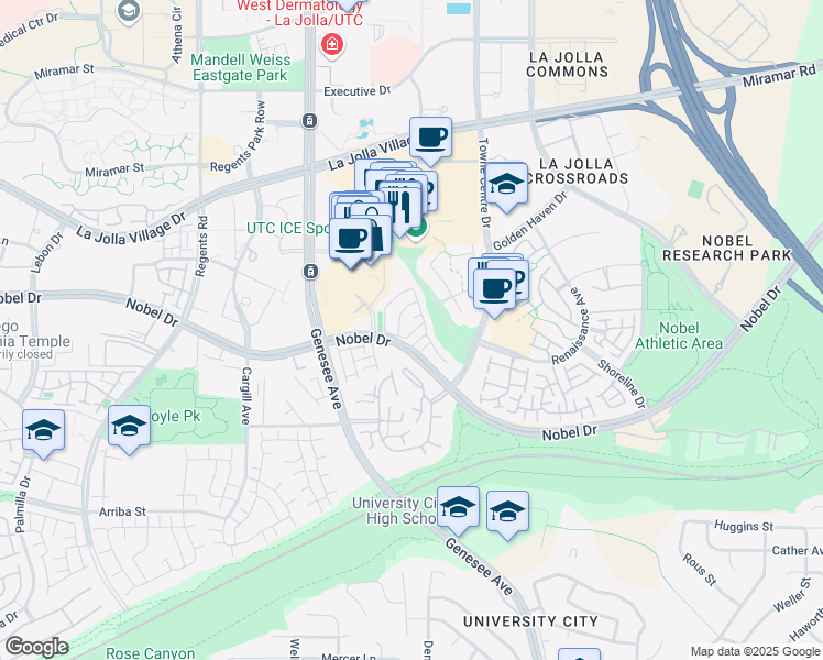 map of restaurants, bars, coffee shops, grocery stores, and more near 8983 Via Andar in San Diego