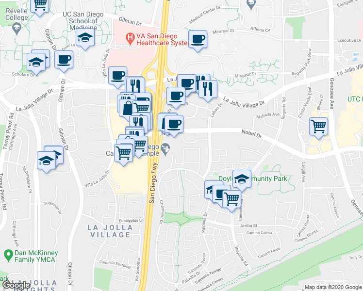 map of restaurants, bars, coffee shops, grocery stores, and more near 3655 Nobel Drive in San Diego