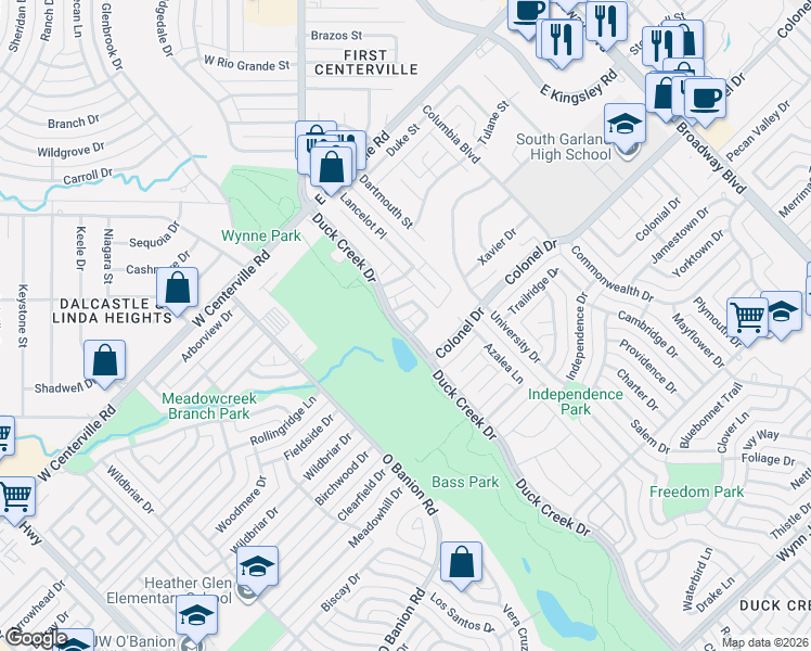map of restaurants, bars, coffee shops, grocery stores, and more near 3905 Queens Court in Garland