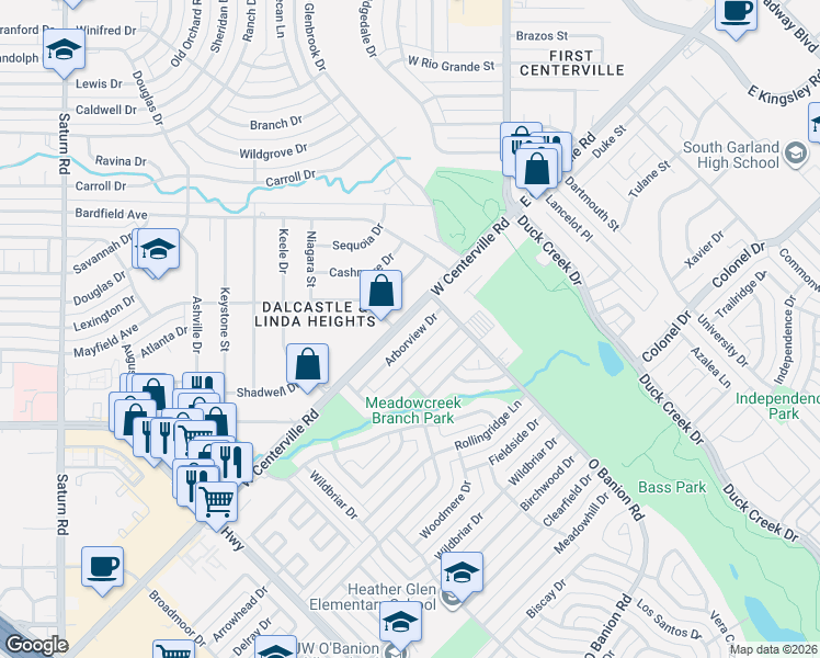 map of restaurants, bars, coffee shops, grocery stores, and more near 319 West Centerville Road in Garland
