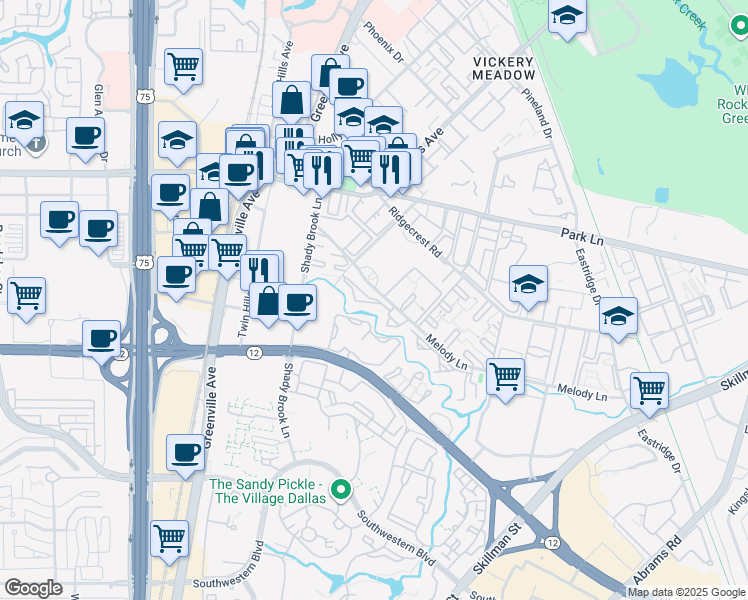 map of restaurants, bars, coffee shops, grocery stores, and more near 6050 Melody Lane in Dallas