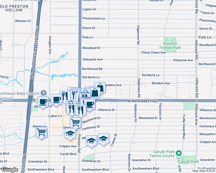 map of restaurants, bars, coffee shops, grocery stores, and more near 6223 Bandera Avenue in Dallas