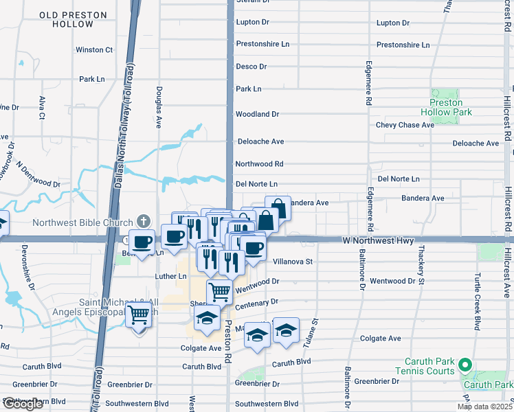 map of restaurants, bars, coffee shops, grocery stores, and more near 6036 Del Norte Lane in Dallas