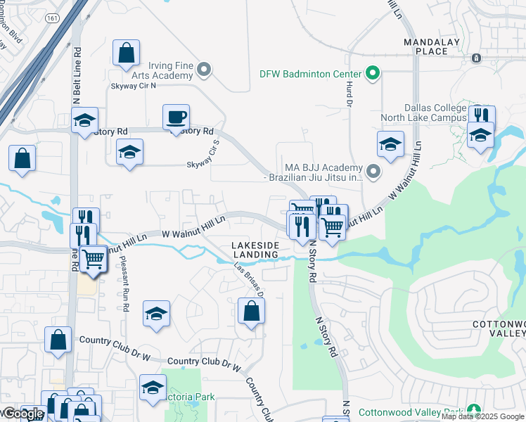 map of restaurants, bars, coffee shops, grocery stores, and more near 2613 West Walnut Hill Lane in Irving