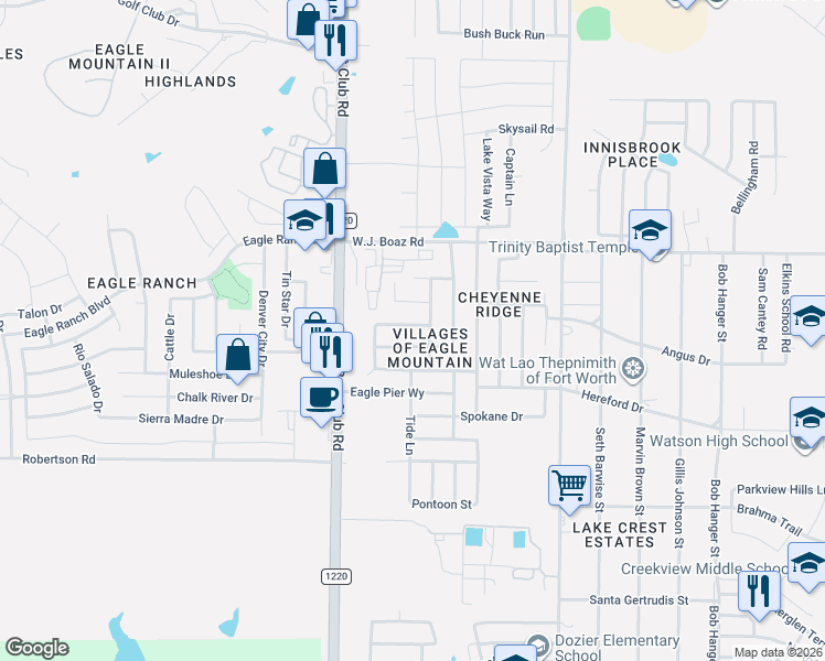 map of restaurants, bars, coffee shops, grocery stores, and more near 6321 Eagle Lake Court in Fort Worth