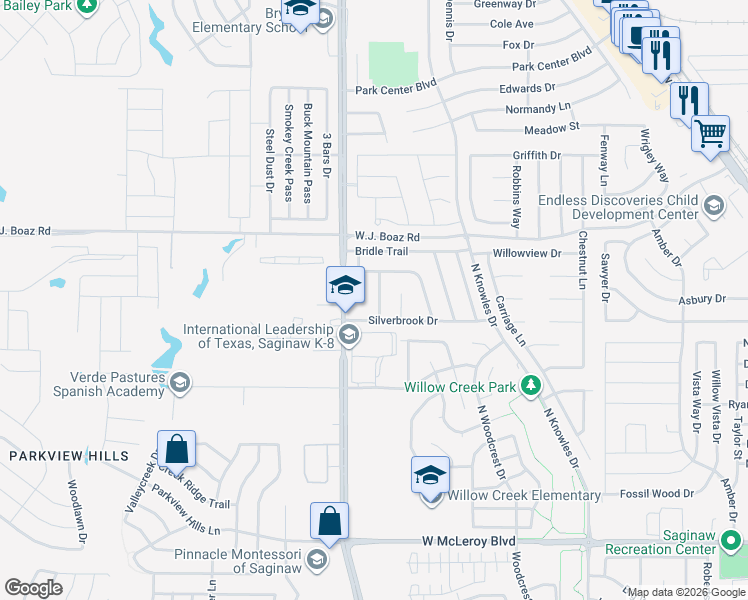 map of restaurants, bars, coffee shops, grocery stores, and more near 745 Fox Run Trail in Saginaw