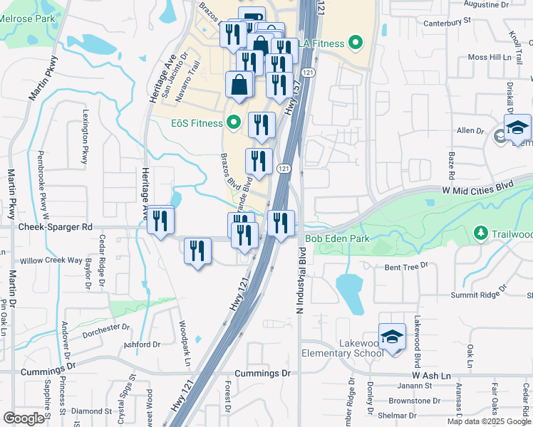 map of restaurants, bars, coffee shops, grocery stores, and more near 2507 Highway 121 in Bedford