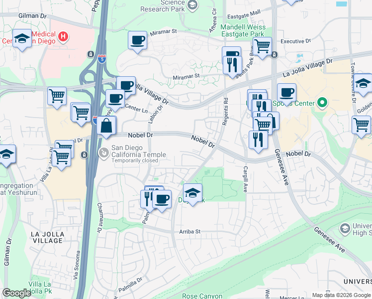 map of restaurants, bars, coffee shops, grocery stores, and more near 3941 Nobel Drive in San Diego