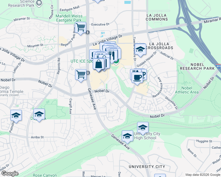 map of restaurants, bars, coffee shops, grocery stores, and more near 8983 Via Andar in San Diego