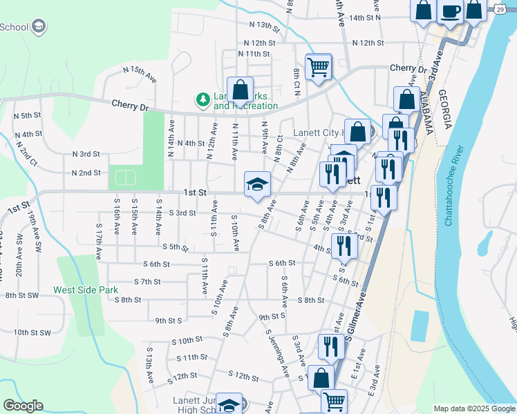 map of restaurants, bars, coffee shops, grocery stores, and more near 200 South 8th Avenue in Lanett