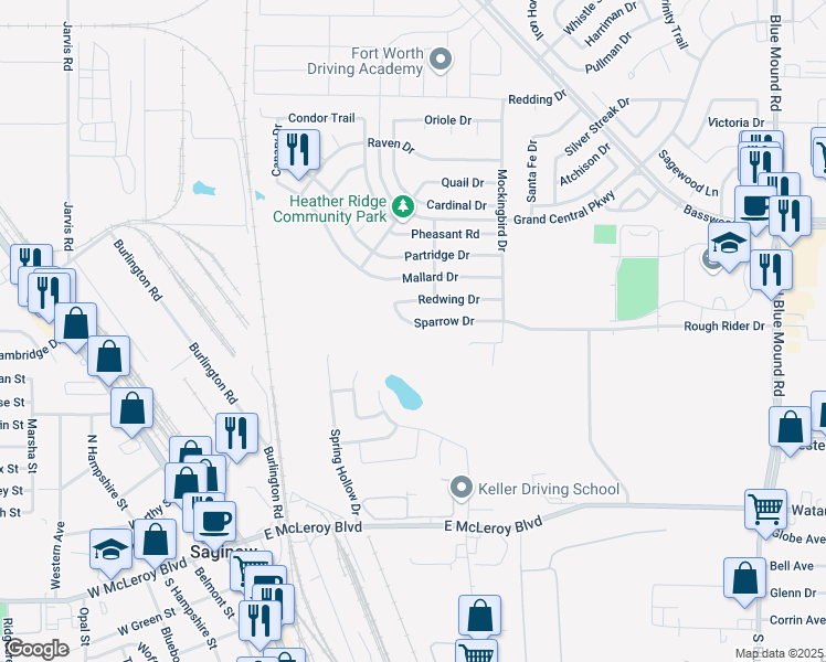map of restaurants, bars, coffee shops, grocery stores, and more near 625 Redwing Drive in Saginaw