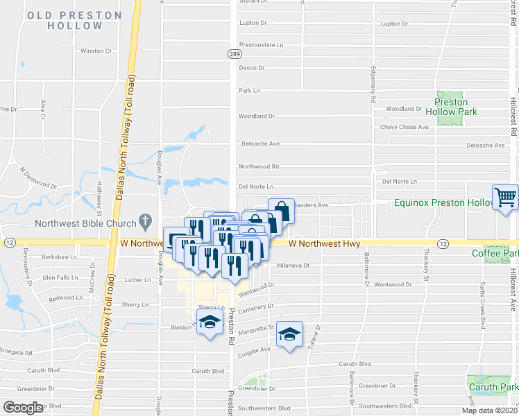 map of restaurants, bars, coffee shops, grocery stores, and more near 6130 Bandera Avenue in Dallas