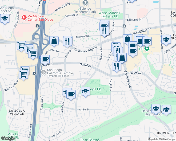 map of restaurants, bars, coffee shops, grocery stores, and more near 3969 Nobel Drive in San Diego