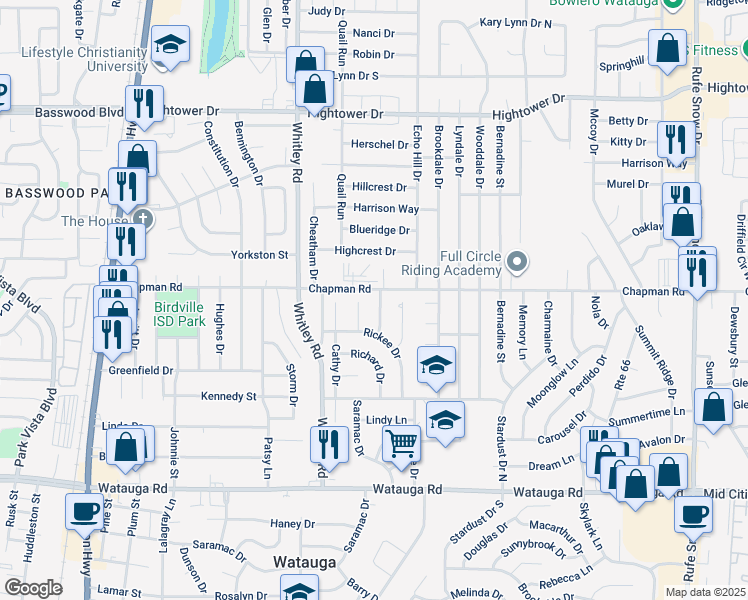map of restaurants, bars, coffee shops, grocery stores, and more near 6625 Emily Drive in Watauga