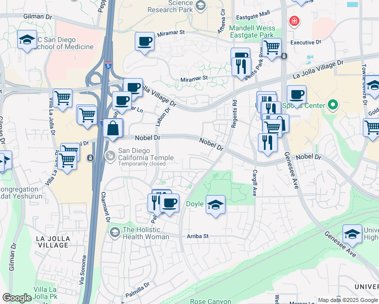 map of restaurants, bars, coffee shops, grocery stores, and more near 3925 Nobel Drive in San Diego