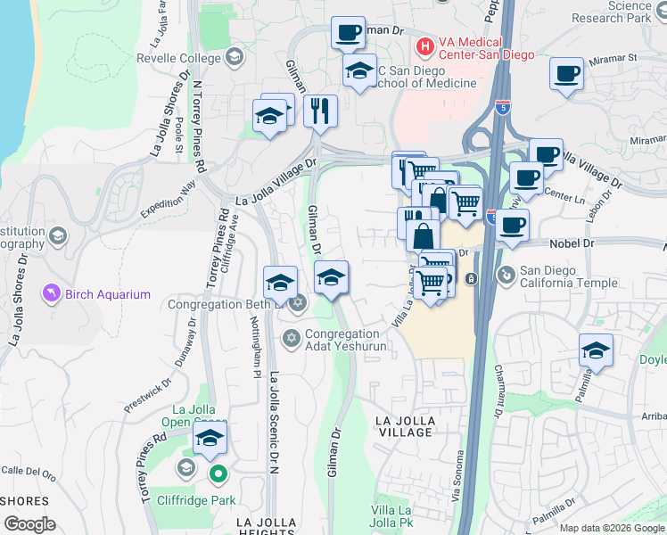 map of restaurants, bars, coffee shops, grocery stores, and more near 8795 Gilman Drive in San Diego