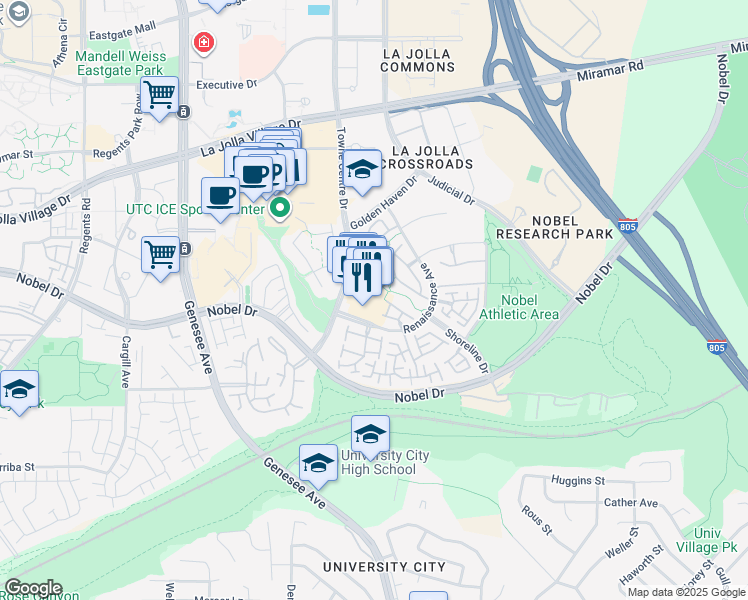 map of restaurants, bars, coffee shops, grocery stores, and more near 8917 Towne Centre Drive in San Diego