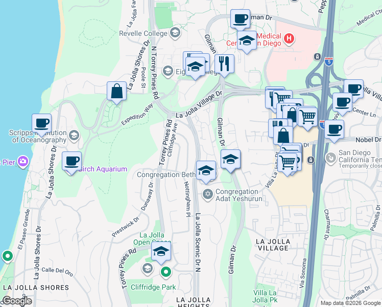 map of restaurants, bars, coffee shops, grocery stores, and more near 8871 Nottingham Place in San Diego