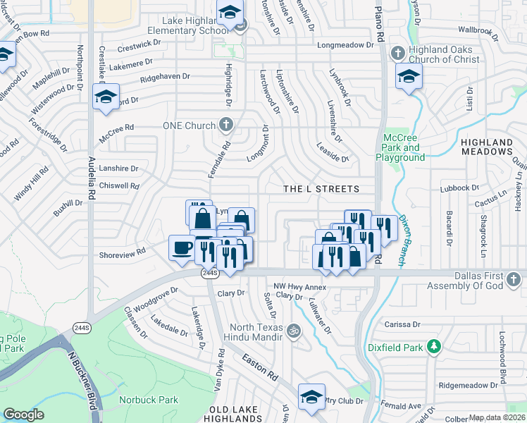 map of restaurants, bars, coffee shops, grocery stores, and more near 8638 Lockhaven Drive in Dallas