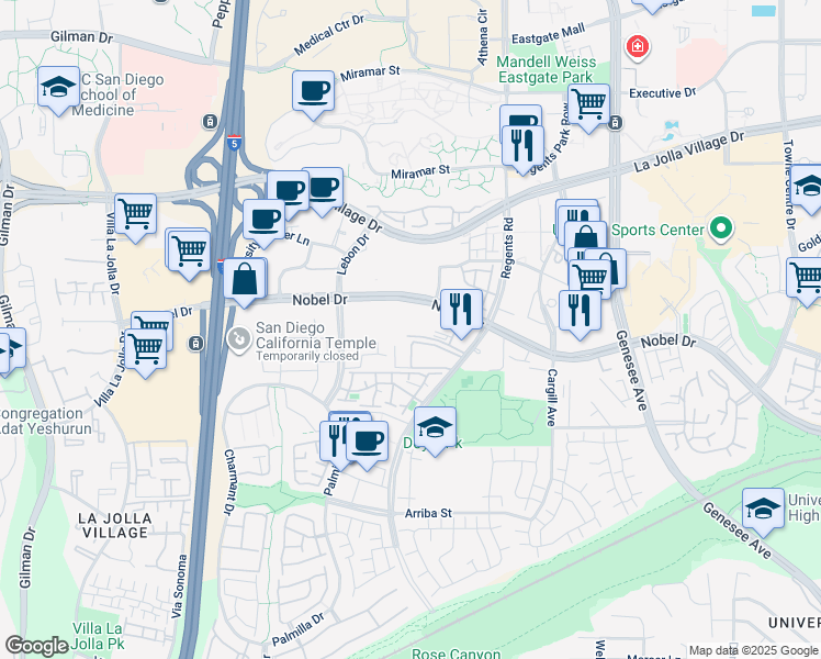 map of restaurants, bars, coffee shops, grocery stores, and more near 3929 Nobel Drive in San Diego