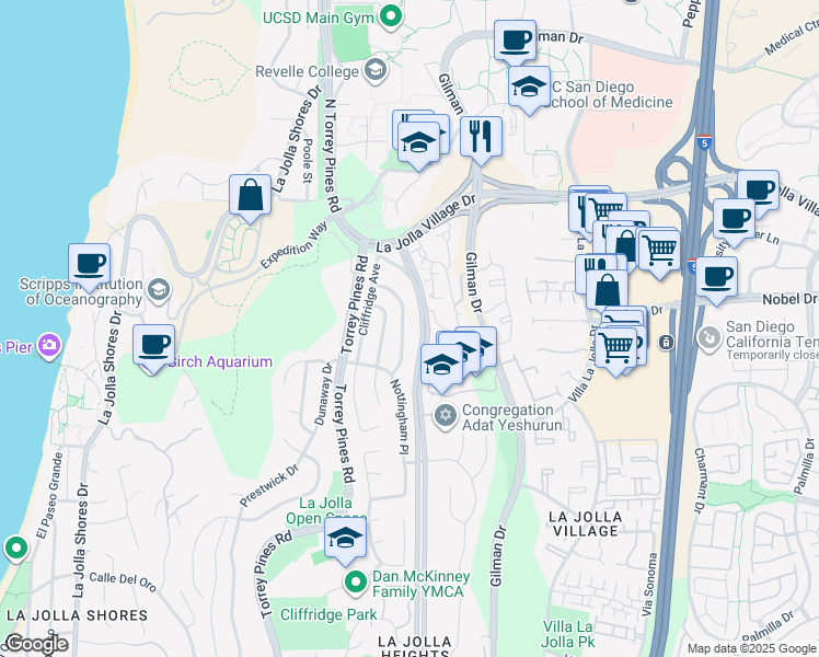map of restaurants, bars, coffee shops, grocery stores, and more near 8871 Nottingham Place in San Diego