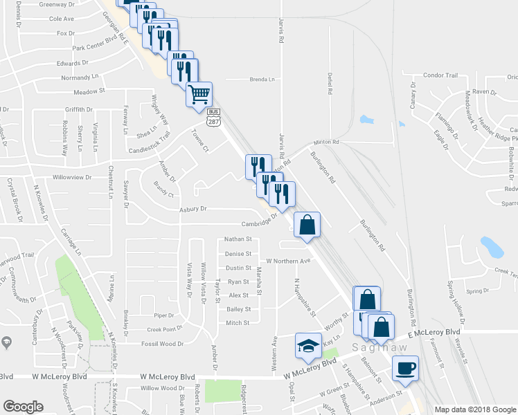 map of restaurants, bars, coffee shops, grocery stores, and more near 212 Asbury Drive in Saginaw