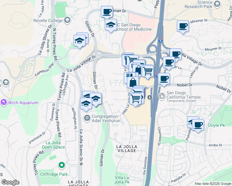 map of restaurants, bars, coffee shops, grocery stores, and more near 3123 Morning Way in San Diego