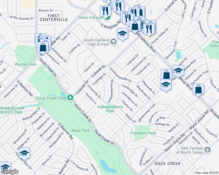 map of restaurants, bars, coffee shops, grocery stores, and more near 326 Independence Drive in Garland