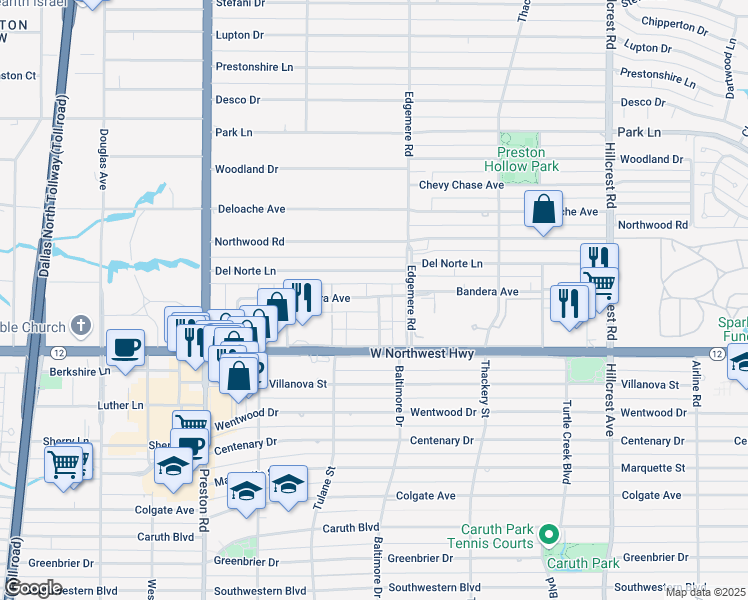 map of restaurants, bars, coffee shops, grocery stores, and more near 6330 Del Norte Lane in Dallas