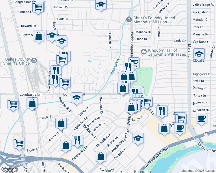 map of restaurants, bars, coffee shops, grocery stores, and more near 3353 Lombardy Lane in Dallas