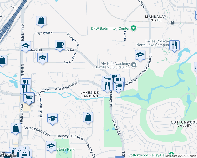 map of restaurants, bars, coffee shops, grocery stores, and more near 2613 West Walnut Hill Lane in Irving