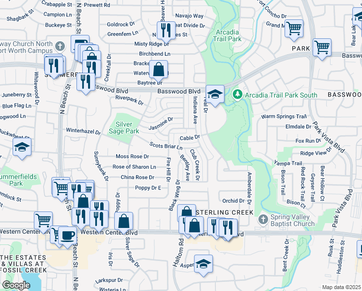 map of restaurants, bars, coffee shops, grocery stores, and more near 7113 Bentley Avenue in Fort Worth