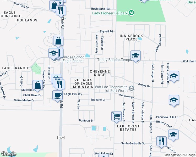 map of restaurants, bars, coffee shops, grocery stores, and more near 7176 Mohegan Drive in Fort Worth