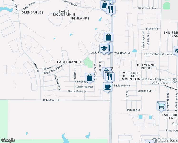 map of restaurants, bars, coffee shops, grocery stores, and more near 7129 Denver City Drive in Fort Worth