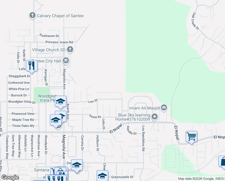 map of restaurants, bars, coffee shops, grocery stores, and more near 10459 Santana Street in Santee