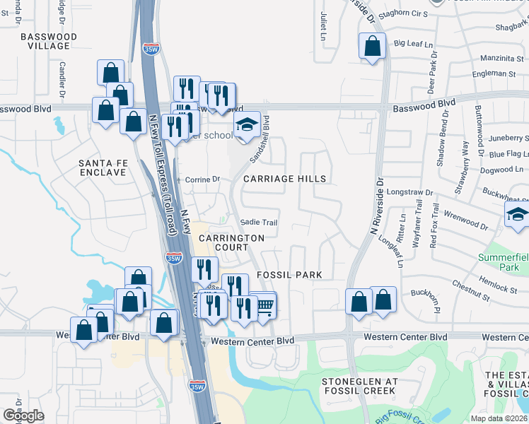 map of restaurants, bars, coffee shops, grocery stores, and more near 7021 Derbyshire Drive in Fort Worth