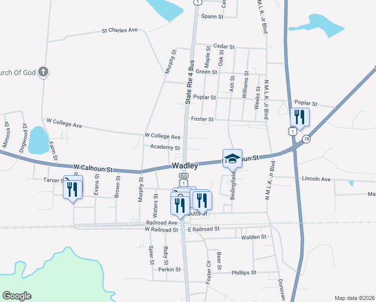 map of restaurants, bars, coffee shops, grocery stores, and more near 257 North Main Street in Wadley
