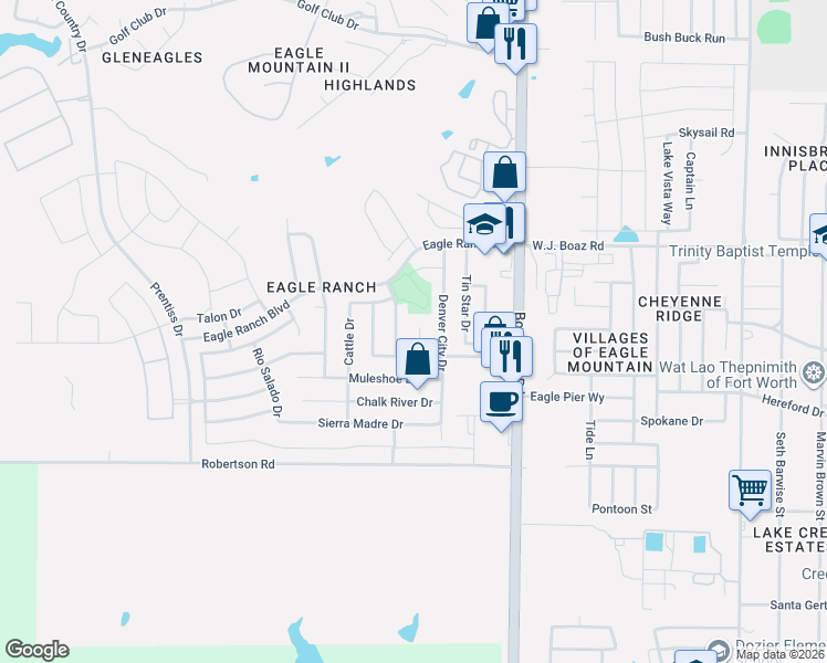 map of restaurants, bars, coffee shops, grocery stores, and more near 7129 Denver City Drive in Fort Worth
